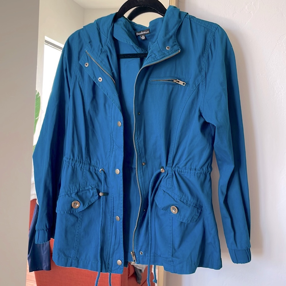 Lightweight teal blue jacket with hood